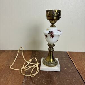 Vintage Fall leaf‎ Milk Glass Brass marble base accent table lamp